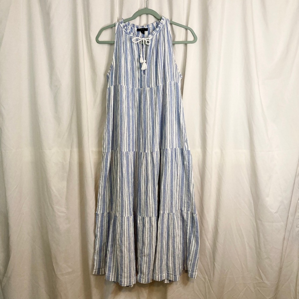 J.Crew Blue White Striped Tiered Midi Dress 100% Cotton M Coastal Cottagecore